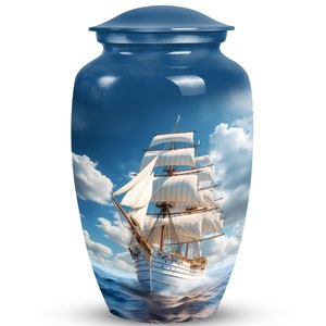 Las urnas de cremación con temática de yate blanco en cielo azul y océano tienen capacidad para cenizas de hasta 1-200 pulgadas cúbicas, urnas decorativas conmemorativas para restos humanos adultos