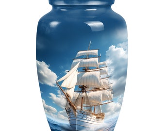 White Yacht in Blue Sky & Ocean Themed Cremation Urns  Hold Upto 1-200 Cubic Inch Ashes, Memorial Decorative Urns for Adult Human Remains