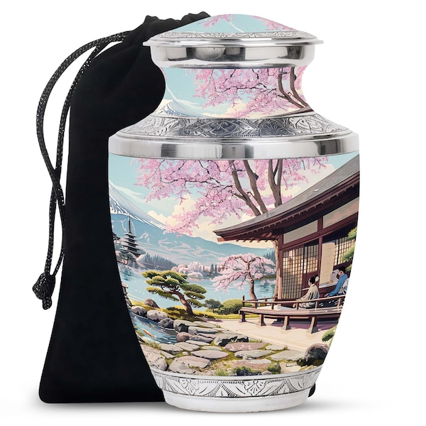 Japanese Sakura Cherry Blossoms Cremation Urn for Human Adult Ashes - Lake View Memorial Urn 1-200 Cubic Inch Keepsake Urn For Male & Female