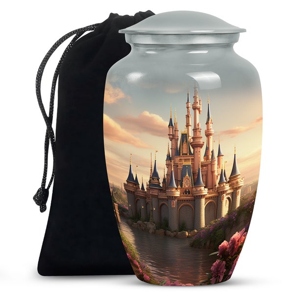 Fairy Tale Castle with Sunny Day Funeral Memorial Urn For Human Remains - Storybook Inspired Large Cremation Urn Hold 1-200 Cubic Inch Ashes