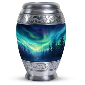 Night Skies Over The Snowy Forest Funeral Cremation Urns For Male ,  10" Large or 3" Small Keepsake For Adult Memorial, Northern Lights Urn