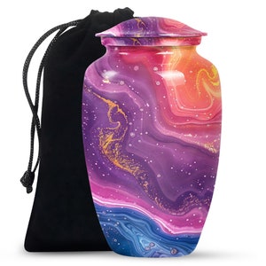 Urna abstracta de diseño de remolino morado y dorado para cenizas humanas, Urna conmemorativa de aluminio, Urna de recuerdo de cenizas personalizable, Urna funeraria decorativa