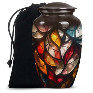 Artisanal Stained Glass Designed Metal Cremation Urn For Human Remains Ashes 1-200 Cubic In Modern Burial Memorial Keepsake for Male, Female