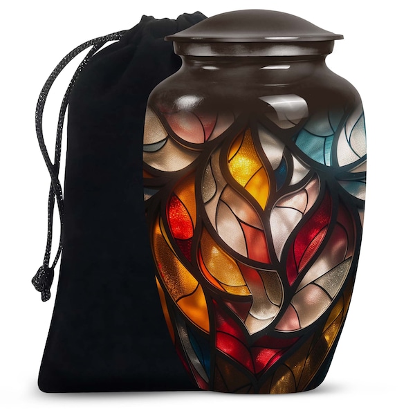 Artisanal Stained Glass Designed Metal Cremation Urn For Human Remains Ashes 1-200 Cubic In Modern Burial Memorial Keepsake for Male, Female