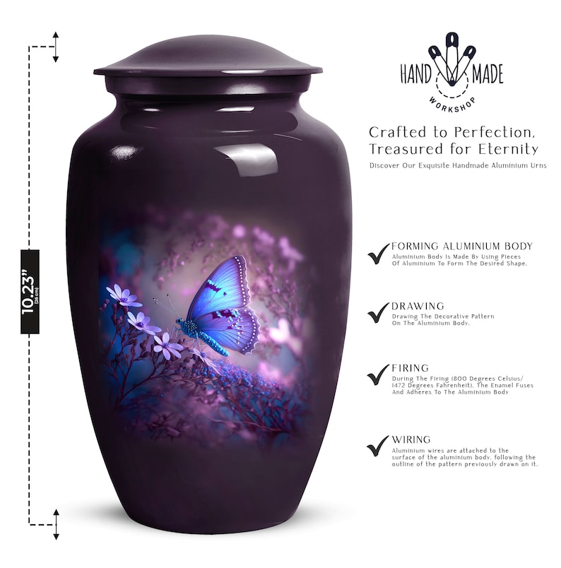 Large Urn 10 Inch Close-up of intricate butterfly design on Purple Funeral Urn
