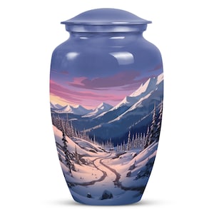 Mountain Sunset in Winter Snow Scene Memorial Cremation Urn For Human Ashes Adults 10" Large And 3"  Small Customizable Elegant Urn For Male