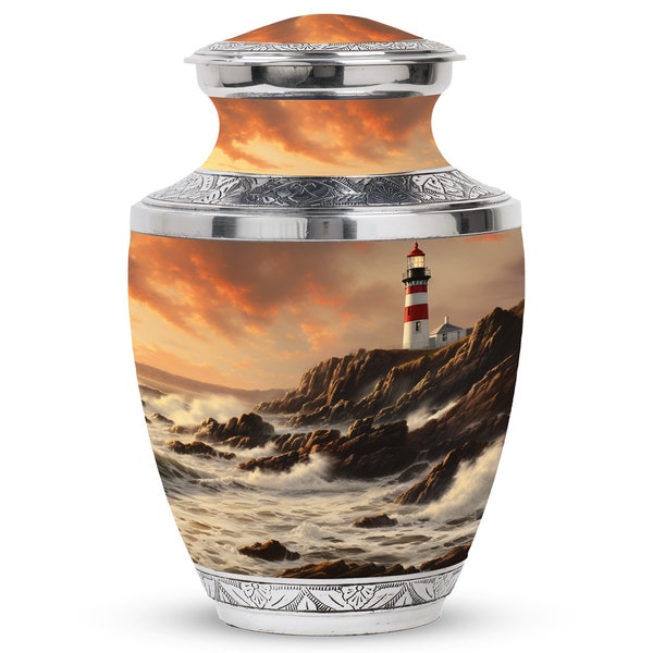 Lighthouse Cremation Urn for Human Ashes, Decorative Funeral Memorial Urn 1-200 Cubic In Large & Small Keepsake, Ocean Sunset Urn