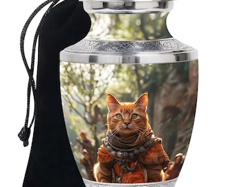 Valiant Kitty In Forest Cremation Urns For Ashes - Customizable Memorial for Adult Cat - 10" Large & 3" Small Keepsake For Pet Animal Ashes