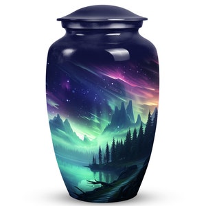 Aurora Over Wilderness Lake Cremation Urns For Human - Northern light Night Sky Funeral Urns 10" Large & 3" Small Keepsake Urns For Mom, Dad