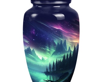 Aurora Over Wilderness Lake Cremation Urns For Human - Northern light Night Sky Funeral Urns 10" Large & 3" Small Keepsake Urns For Mom, Dad