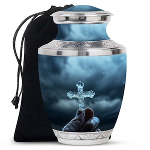Spiritual Divine Cross Funeral Urns For Humans - Heavenly Peace Adult Urn 10&quot; Large and 3&quot; Small Metal Keepsake Urns For Religious People