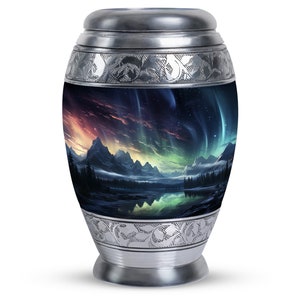 Aurora Majesty Cremation Urn for Adults - 10" Enchanting Mountainous Landscape Memorial Vessel with Northern Lights - Optional Custom Urn