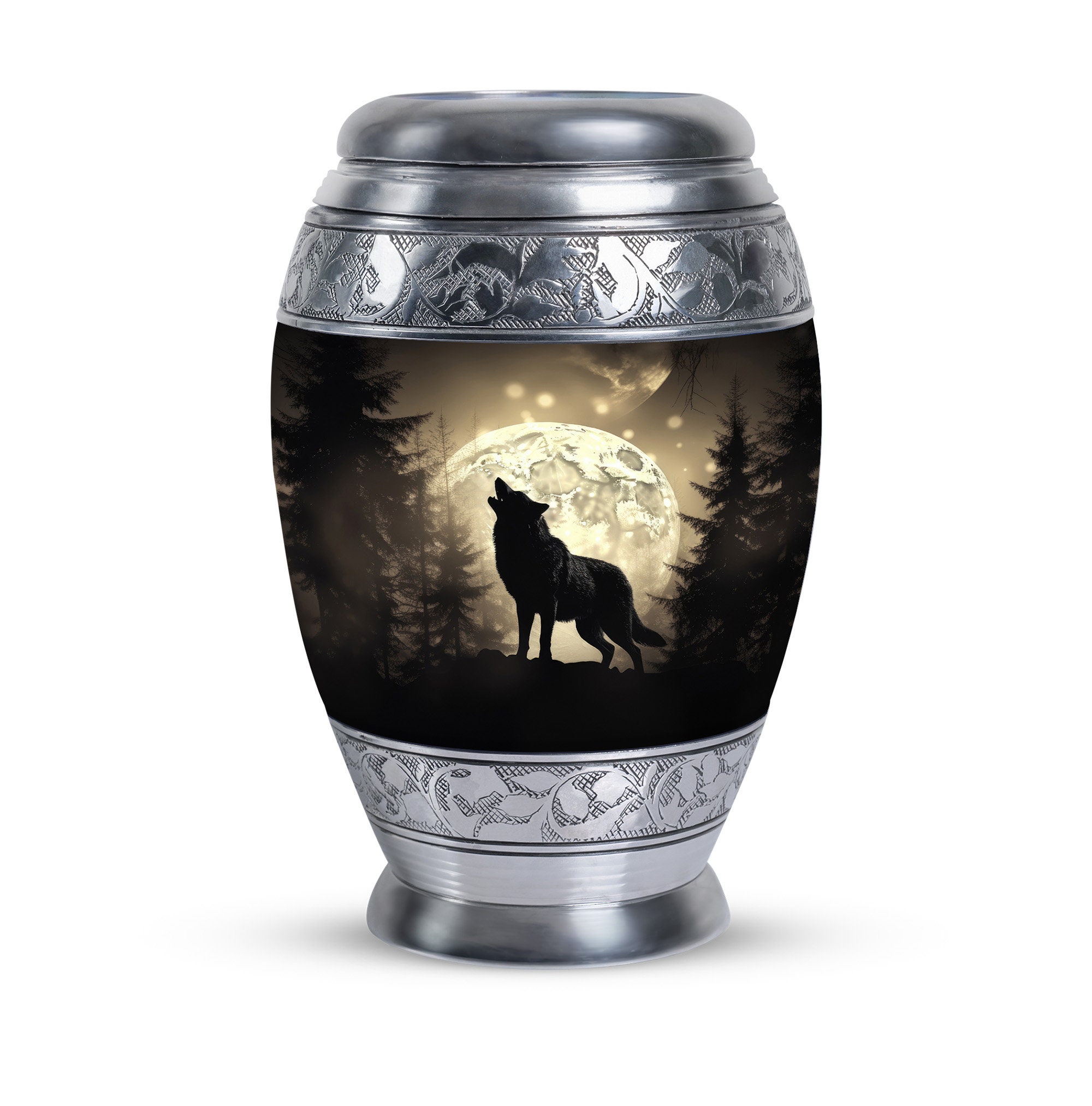 Wolf Moon Light Cremation Urn, Forest Night Theme Funeral Decorative Adult Human Ashes Urn 200 Cubic inch Large & Mini Keepsake Human Remain