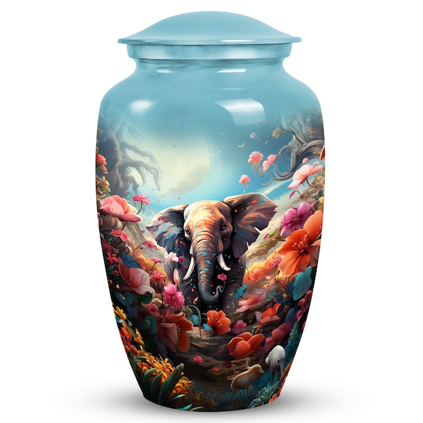 Enchanted Garden Elephant Cremation Urn - Floral Adult Ashes Urn For Memorial Human Remains, Large & Small Keepsake Funeral Decorative Urns