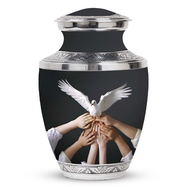 Black and Silver Funeral Urn with Unity Dove Bird Release Design for Adult Memorial Ashes, Grandfather and Mother, Capacity 1-200 Cubic Inch