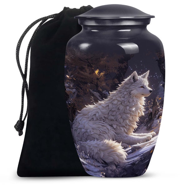 Lone White Wolf Snow Forest Cremation Funeral Urns For Adult Ashes - Nature Wilderness - 10" Large & 3" Keepsake Urns For Male and Female