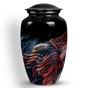 Eagle with American Flag Cremation Urn - Majestic Freedom Tribute 10&quot; Large and 3&quot; Small Keepsake Memorial Black Urn For Adult Male & Female