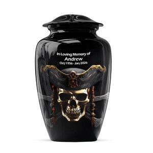 Golden Pirate Skull Cremation Urn for Ashes, Black Memorial Urn for Adults, Decorative Urns