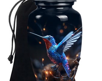 May include: A black ceramic urn with a hummingbird design. The hummingbird is blue, red, and white with a dark background. The urn has a lid and comes with a black velvet bag.