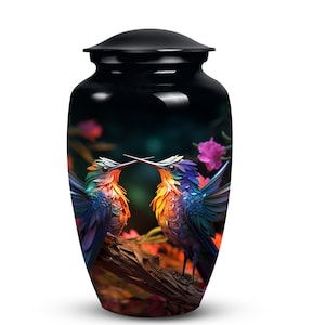 May include: Black cremation urn with a colorful image of two hummingbirds in flight, kissing, with a floral background.