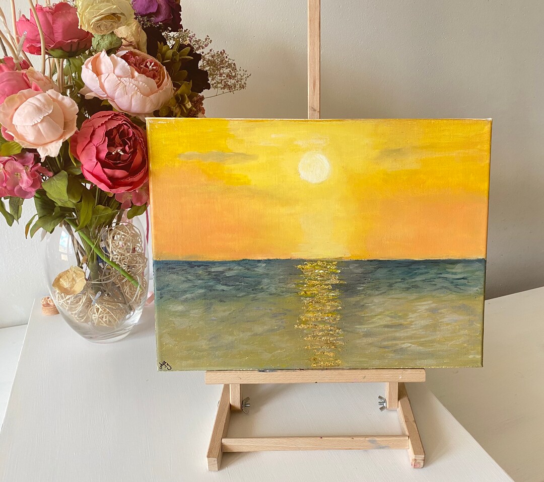 Original Oil Painting on Canvas, Seascape Wall Art, Gold Sunset ...