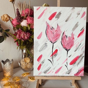 Abstrakte Blumenmalerei, Acryl-Malerei auf Leinwand, rosa Tulpen, Wohnkultur