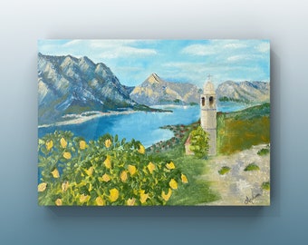 Peinture à l’huile de paysage marin, Monténégro Kotor Bay, Peinture de paysage, peinture côtière. Cadeau personnalisé