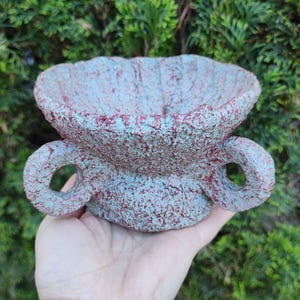 Colorful aold fashioned bowl with round papier mache handles, recycled paper decorative plate