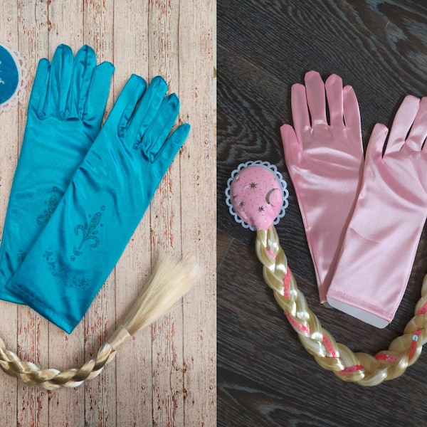 Children's satin gloves, pink, blue, a set of Elsa, Anna, frozen hair, festive set, festival gloves, artificial braid,ice gloves