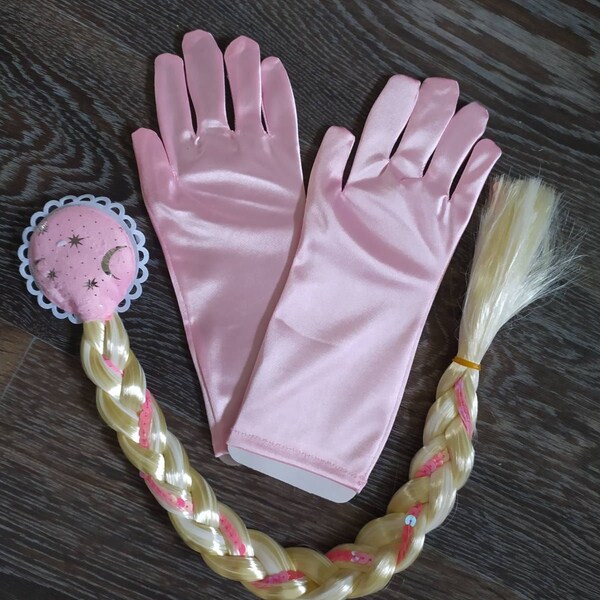 Gants en satin pour enfants, roses, bleus, ensemble Elsa, Anna, cheveux gelés, ensemble festif, gants de festival, tresse artificielle, gants de glace