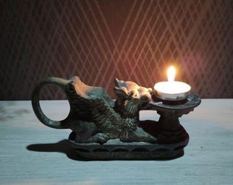 old Griffin metal candlestick, USSR home decor from the 1970s