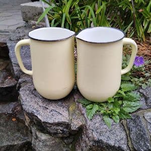Könnte beinhalten: Zwei cremefarbene Emaille-Becher mit schwarzen Rändern und Griffen. Die Becher sind zylindrisch mit leicht ausgestelltem Oberteil und stehen auf einer Steinoberfläche. Grünzeug umgibt die Becher.