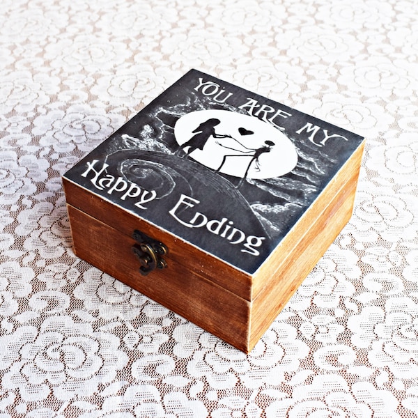 Wedding Nightmare Before Christmas Jack and Sally Halloween Gothic jewellery box, skulls gift box, Halloween wooden box, keepsake memory box