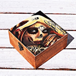 Caja de joyería gótica de cráneo mexicano, decoración del hogar, caja de almacenamiento de madera, caja de madera de maquillaje, soporte de joyería de baratija, caja de fotos, caja de memoria de recuerdo
