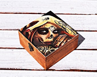 Mexican skull Gothic jewelry box, home decor, wooden storage box, makeup wood box, trinket jewelry holder, photos box, keepsake memory box