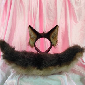 Realistic Brown Ears Headband, Tail, Wolf Fox Dog Kitsune Puppy Floppy dog ears German Shepherd Cosplay Animal Costume Faux Fur Mature cont.