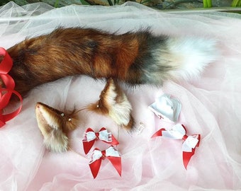 Red Fox Ears, Fluffy Tail with Nurse cap and Bows, Kitten Play Puppy Dog Flopped ears Wolf Cosplay Faux Fur Animal Costume