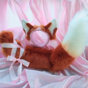 Spice and Wolf - Holo Ears Tail Ginger Fox Play Puppy Dog Folded Ears Cat Kitten Floppy Ears Faux Fur Fantasy Animal Costume