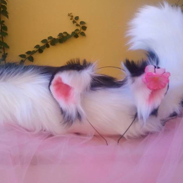 Skunk Ears Tail Black and White ears and tail, Round Folded ears Flowers Rodent  luxurious Faux fur Fantasy Animal Costume Vegan Fantasy