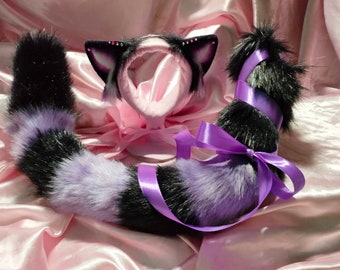 Dark Purple & purple Ears Tail British Cat Cheshire Kitten Play Flopped Floppy Ears Puppy Kitty Neko Faux fur Animal Costume Mature content