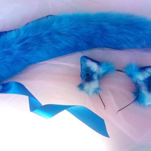 Ohren Schwanz, Personalisieren Farben Kunstpelz Blau / Lila Herzen Plug-Piercing, Cosplay Wolf Fuchs Welpe Hund Flopped Ohren Stirnband Tier Kostüm