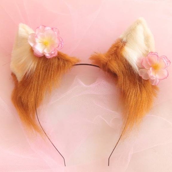 Holo Ears with Flowers, Blossom Spice and Wolf - Ginger Dog Floppy Ears Fox Puppy Folded Ears Floppy Ears Faux Fur Fantasy Animal Costume