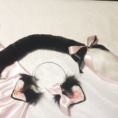 Black and White Cow Ears and Tail Faux Fur Fantasy Animal Costume Cosplay Cattle
