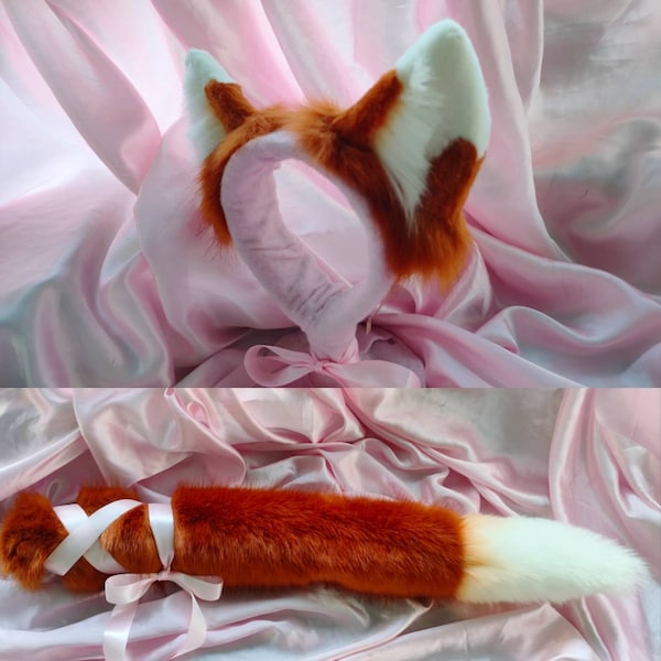 Spice and Wolf - Holo Ears Tail Ginger Fox Play Puppy Dog Folded Ears Cat Kitten Floppy Ears Faux Fur Fantasy Animal Costume