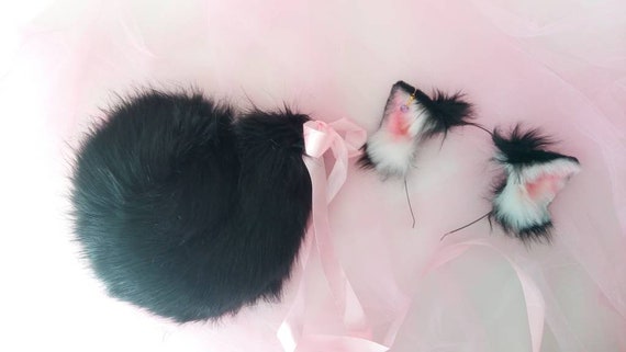 Puppy Ears Curled Tail Faux Fur Animal Costume Folded Ears