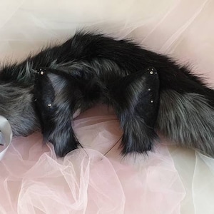 Large Black and Grey Ears Tail Texas Wolf Fox Husky Dog Cat Kitsune Puppy Ears Headband Cosplay Animal Costume