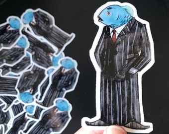 Fish Striped Suit Phishing Scam Crook Original Art Vinyl Sticker Laptop Label Scratchproof Weatherproof