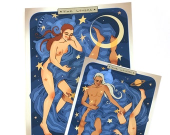 THE LOVERS Tarot Card inspired Original Fine Art Print Arcana Stars Space Sky Mystical Whimsical Reversible