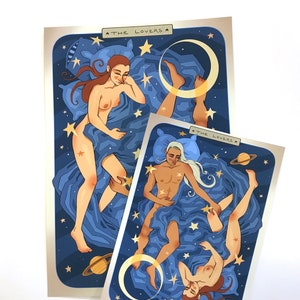THE LOVERS Tarot Card inspired Original Fine Art Print Arcana Stars Space Sky Mystical Whimsical Reversible image 1