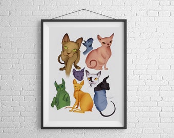 Sphynx hairless Cats Fine Art Print Original Catlover Crazy Cat Lady Naked Cat Colorful Rainbow Cat